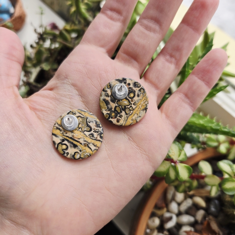 Vintage Leopard Skin Jasper Oversized Studs Chunky Stone Stud Earrings - Picture 9 of 9